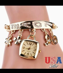 Women’s Yellow Gold Tone Love Diamond Bracelet & Charms Gold Quartz Watch Charm - Picture 1 of 4