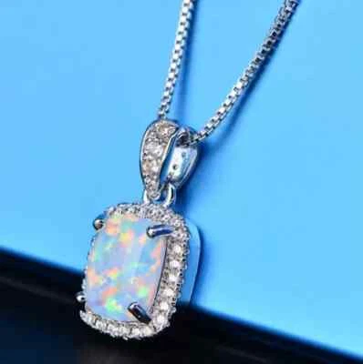 2CT Cushion Cut Lab Created Opal Diamond Women's Pendant 14K White Gold Plated - Image 1 of 4