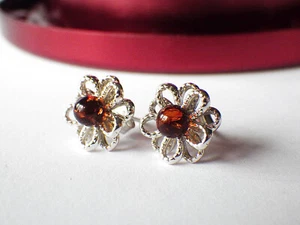 SCHMUCK-STCK Ohrringe Stecker 925 SILBER BERNSTEIN Blume filigran braun - Picture 1 of 2