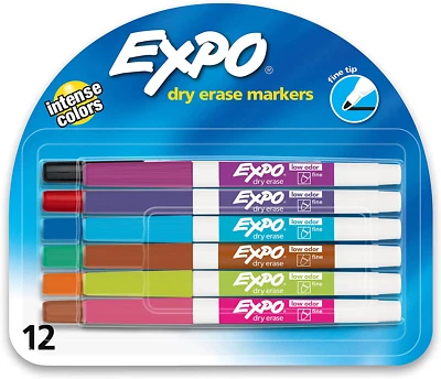 SANFORD EXPO Low Odor Dry Erase Markers, Fine Tip, Assorted Colors, 12 Count