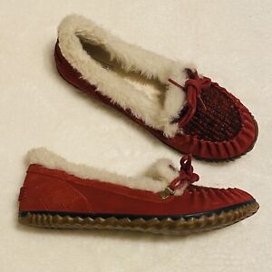 SOREL Dark Red Out N About Slippers Mocs Suede Leather Wool Tweed Womens Size 8