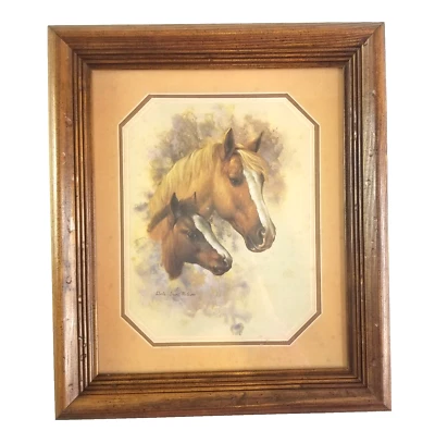 Vintage Doris Scott Nelson Wood Picture Framed Horse Art Matted Foal - Image 1 of 4