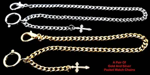 Two Custom Made Pocket Watch Chains with Spring Ring Clasp and Cross Fob - Picture 1 of 4