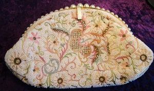 Vintage BAGS by JOSEF clutch ~ micro beaded FLOWERS on NEEDLEPOINT~ France - Picture 1 of 8