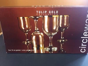 Four 10 Oz Goblets Wine Glasses With Gold Rim Circleware TULIP GOLD COLLECTION - Picture 1 of 2