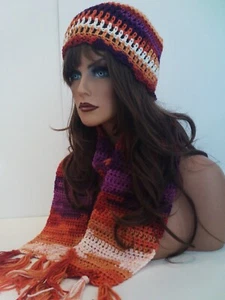 BRIGHT MULTI COLOR CROCHET HAT AND SCARF SET HAND MADE BEANIE CLOCHE BOHO - Picture 1 of 7