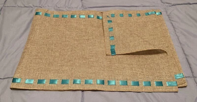 Lightweight Burlap Runner w/Interlaced Turquoise Satin Ribbon 72” L x12” W New - Image 1 of 4
