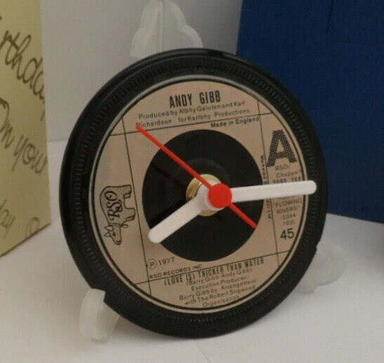 ANDY GIBB CLOCK Bee Gees Vinyl Record Desk Table Top Clock Hit Single Size 4" - Image 1 of 4