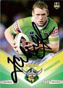 ✺Signed✺ 2010 CANBERRA RAIDERS NRL Card JOEL MONAGHAN Daily Telegraph