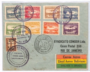 BOLIVIA Cover 1930 Air Mail Set{8} FIRST FLIGHT Brazil LLOYD AERO/CONDOR YV123 - Picture 1 of 12