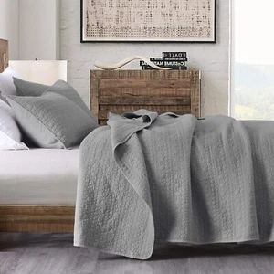 Quilt Set King Size Grey, Classic Geometric Spots Stitched Pattern, Stone-Was... - Picture 1 of 8
