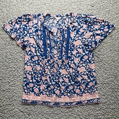 Lucky Brand Tunic Top Women Size M Floral Print V-Neck Short Sleeve Flare - Image 1 of 4