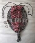 Antique Drawstring Silver Red Floral French Steel Micro Bead Tassel Lined Purse