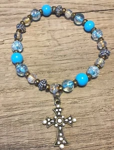 Handcrafted Beaded W/Cross Charm, Stretch Bracelet ( Crafted In Texas) - Picture 1 of 3