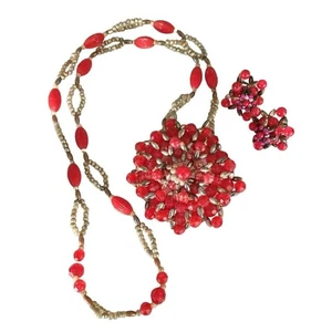 1960s Vintage Handmade Beaded Necklace and Screw Back Earrings - Picture 1 of 4