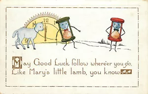Whitney New Years Postcard Anthropomorphic Hourglass & Mary's Little Lamb - Picture 1 of 2