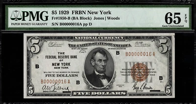 1929 $5 Federal Reserve Bank Note New York FR.1850-B - PMG 65 EPQ Low Serial 16 - Image 1 of 2