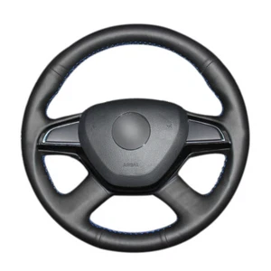 Black Leather Car Steering Wheel Cover for Skoda Octavia 2015-16 Fabia Rapid - Picture 1 of 5