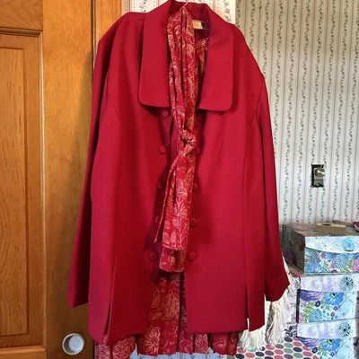 Leslie Fay Womens A Line Dress Red/Gold Floral Pleated, Belted W Jacket, 16W - Image 1 of 4