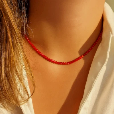 Carnelian 3mm Tiny Beaded Choker Healing Dainty Women Boho Crystal Necklace Gift - Image 1 of 4