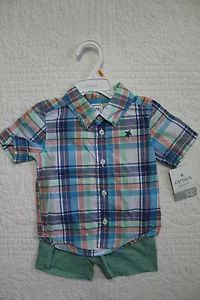 NEW BABY BOYS CARTERS 2 PIECE BUTTON SHIRT SHORTS MONKEY PARROT SS CUTIE PLAID - Picture 1 of 21