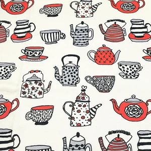 Denim Fabric Custom Printed Vintage Coffee Pots Cups Red and Black 56”x72” - Picture 1 of 9