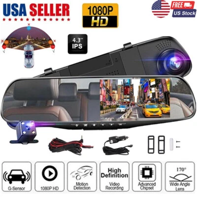 1080P HD Car DVR Dual Camera Dash Cam Rearview Mirror Front Rear Video Recorder
