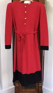 Castleberry Sz 14 Vtg Red Knit Dress w Black Color Block, Long sleeve, Tie Belt - Picture 1 of 21