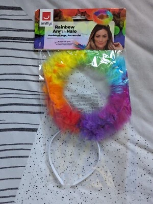 Rainbow Feather Angel Halo Adults Fancy Dress Accessory Gay Pride Fun Mulitcolou - Image 1 of 4