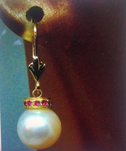 Solid 14K. GOLD LEVER BACK High Luster 9.7 MM Akoya Pearls & Natural Ruby - Picture 1 of 6