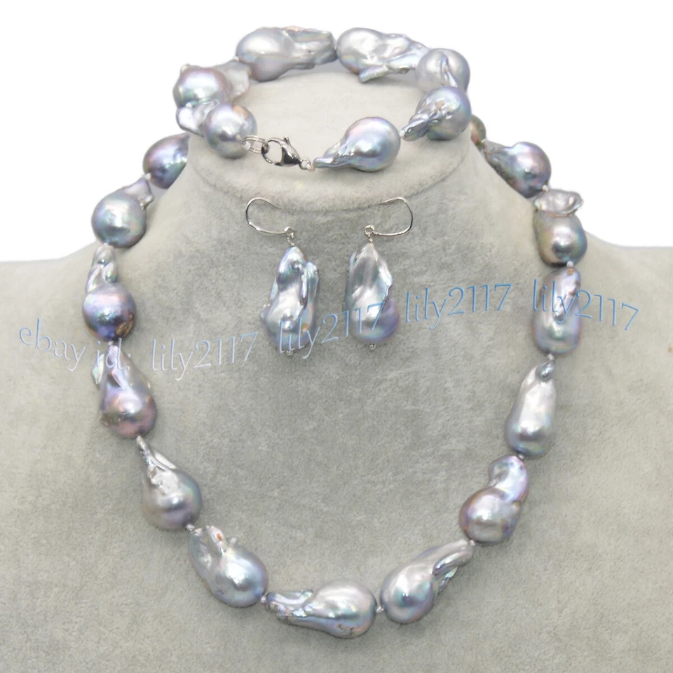 Огромный 20-25 мм натуральное серебро серый барокко жемчуг ожерелье браслет серьги комплект - Изображение 1 из 4