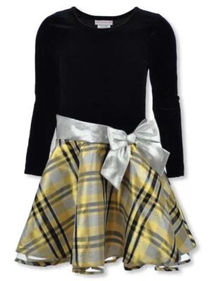 BONNIE JEAN Girl's Plus 20.5 Black Velvet & Gold Oblique Plaid Taffeta Dress NWT - Image 1 of 3