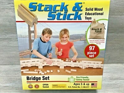 New Stack & Stick Solid Wood Building Blocks Toy Set - 97 pc. Bridge Set - Image 1 of 4