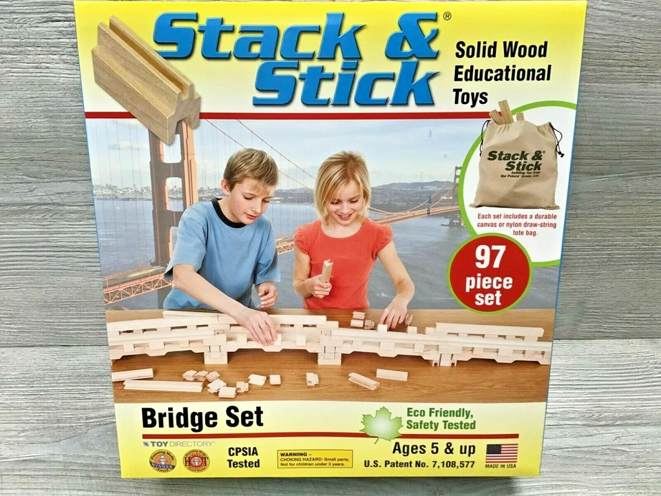 New Stack & Stick Solid Wood Building Blocks Toy Set - 97 pc. Bridge Set - Image 1 of 4
