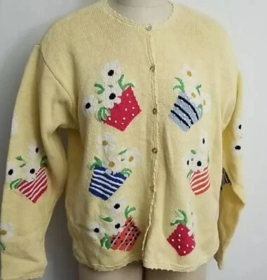 Vintage Talbots Hand Knit Flower Pot Cardigan Size XL Pale Yellow EVC - Image 1 of 4