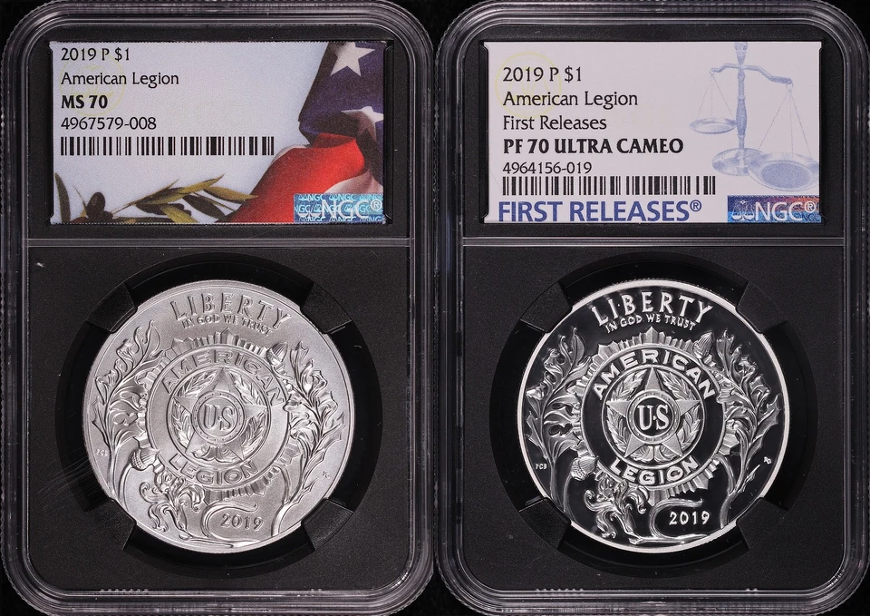 2019-P American Legion S$1 Commemorative Set NGC MS-70 & PF-70 UC FR Black Core - Image 1 of 2