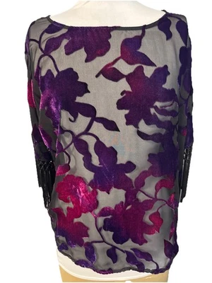 Sheer Velvet Burnout Tunic Top Floral Fringe Boho PETITE SMALL Jeans By Buffalo - Image 1 of 4