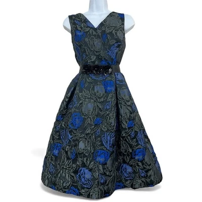 Vestido Teri Jon Rickie Freeman Jacquard 10 Negro Azul Floral Ajuste Acampanado Regencia Foto 1 de 4