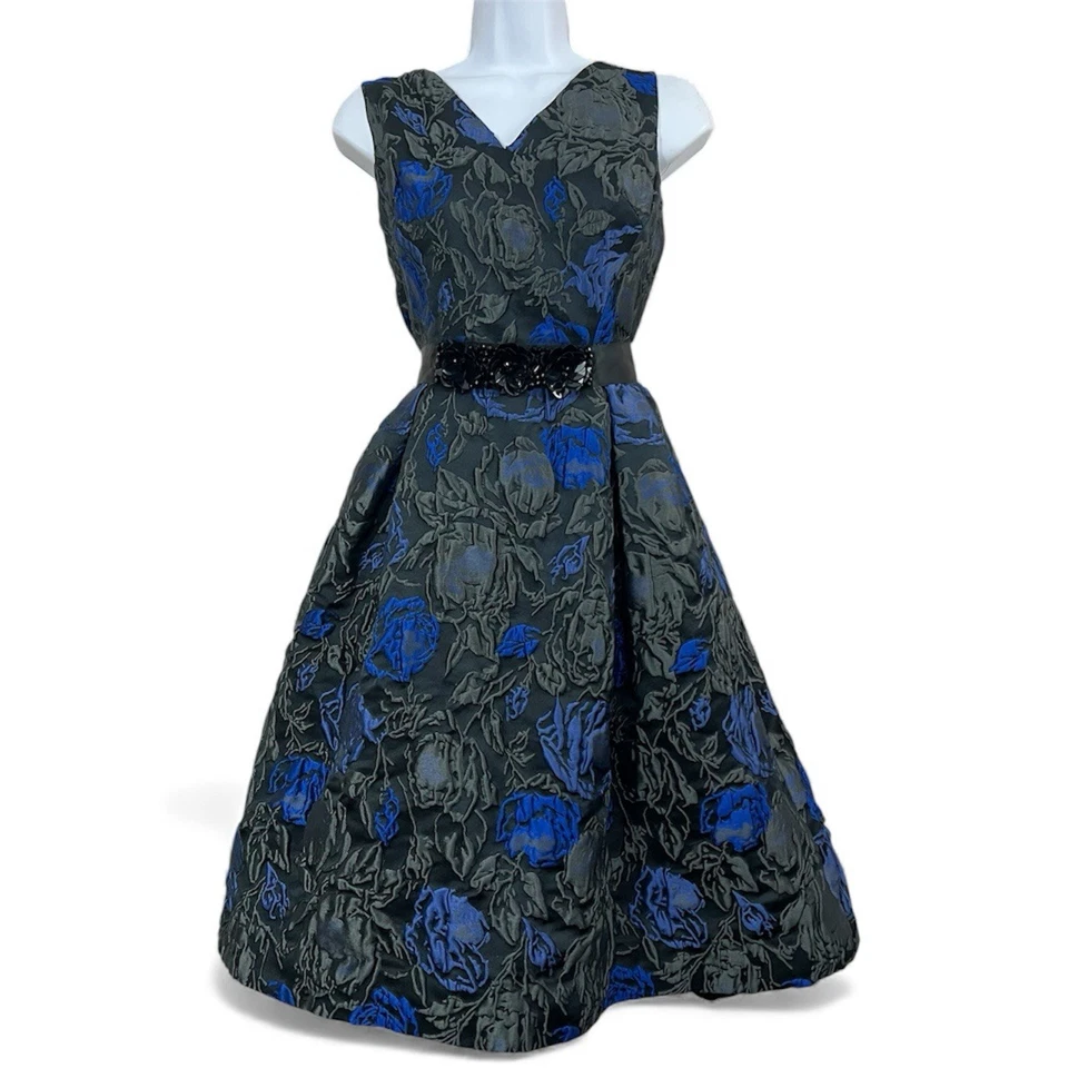 Teri Jon Rickie Freeman Jacquard Dress 10 Black Blue Floral Fit Flare Regency - Image 1 of 4