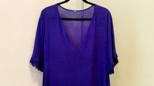 Boho Holiday Dress Navy Medium Deep V Empire Line Short Sleeve Midi Hankie Hem - Picture 1 of 12