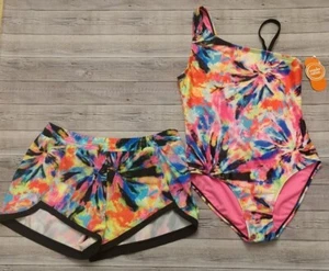 New! Girl's Tie Dye One Piece Swimsuit and Shorts Set Outfit Size Large 10/12 - Picture 1 of 6