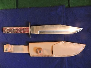 Vintage Bowie Knife with Stag Handle & Leather Sheath 9.5" Blade Made in Brazil - Picture 1 of 8