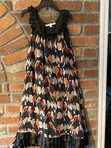 Joy Joy Girls Kids Dress 100% Real Silk Gray Rainbow Birds Raffles Party M 10-14 - Picture 1 of 5