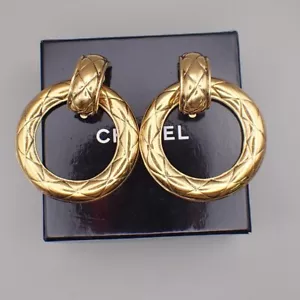 CHANEL Logo Matelasse Round Drop Earrings Clip-On Gold France 82RL068 - Picture 1 of 14