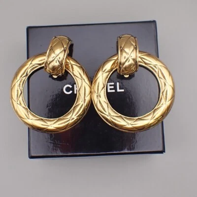 CHANEL Logo Matelasse Round Drop Earrings Clip-On Gold France 82RL068 - Image 1 of 4