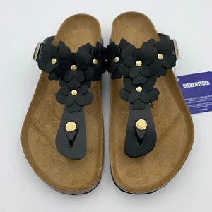 Birkenstock New w/ Box Gizeh Flower Embellishment Black Leather Reg Select Size - Picture 1 of 5