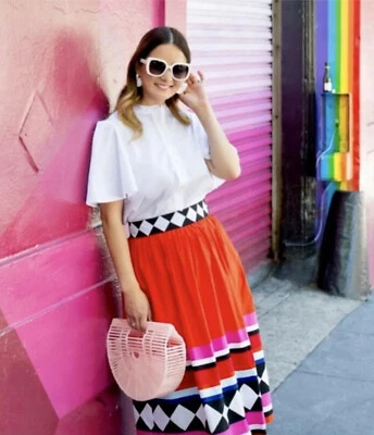 NWT  Kate Spade Red Multi Haute Stuff Geo Border Poplin A-line Midi Skirt Size 4 - Image 1 of 4