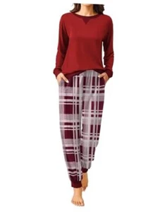 Pajamas Set Long Sleeve Pj Sets 2 Piece Jogger Pajama Large Wine Red Plaid - Picture 1 of 7