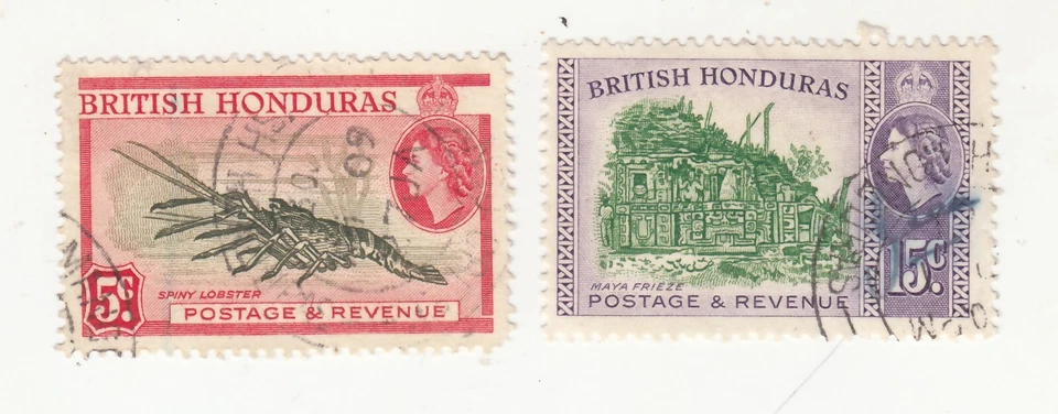 British Honduras 1957-61. Spiny Lobster 5c, Maya Frieze 15c. Sc# 148, 162 - Image 1 of 1