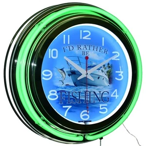 15" Ich würde lieber angeln! 15" Doppel Neon Uhr Garage Mann Höhle Dekor (grün) - Bild 1 von 6